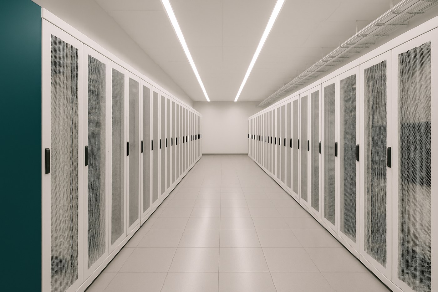 A brightly lit data center aisle between two rows of closed server cabinets with perforated mesh doors
