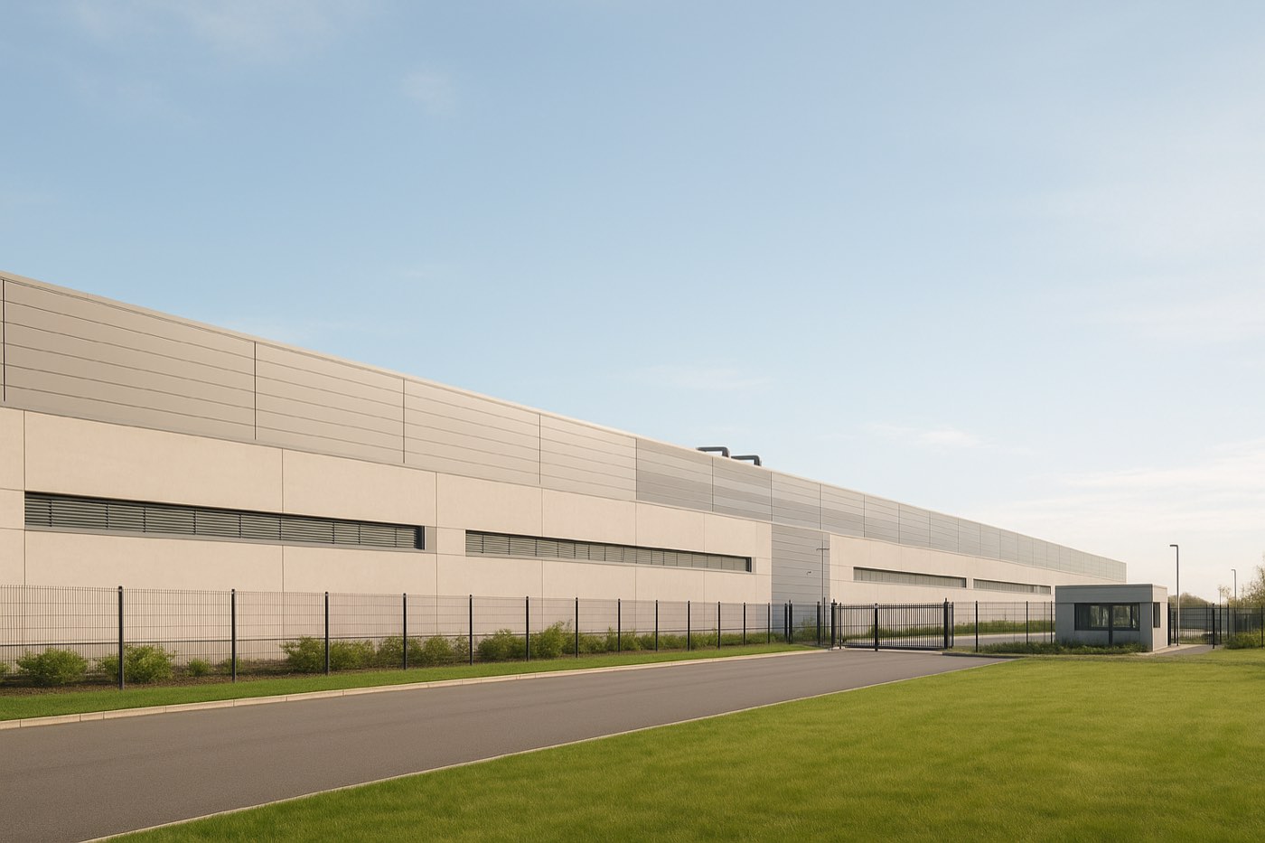 Exterior of a modern low-rise data center building behind a secured perimeter fence on a clear day