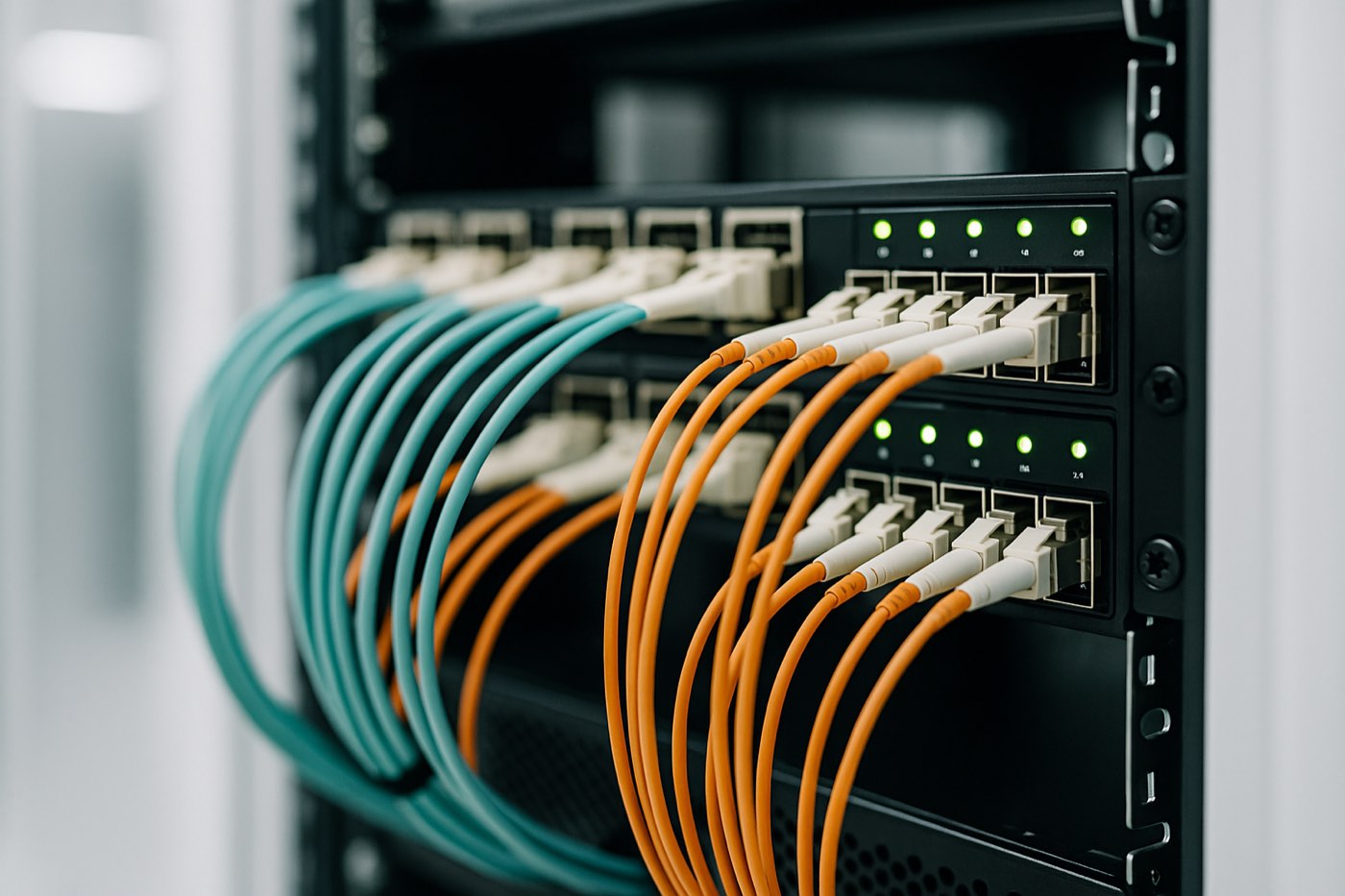 Close-up of teal and amber fiber optic patch cables running into a network patch panel with status lights