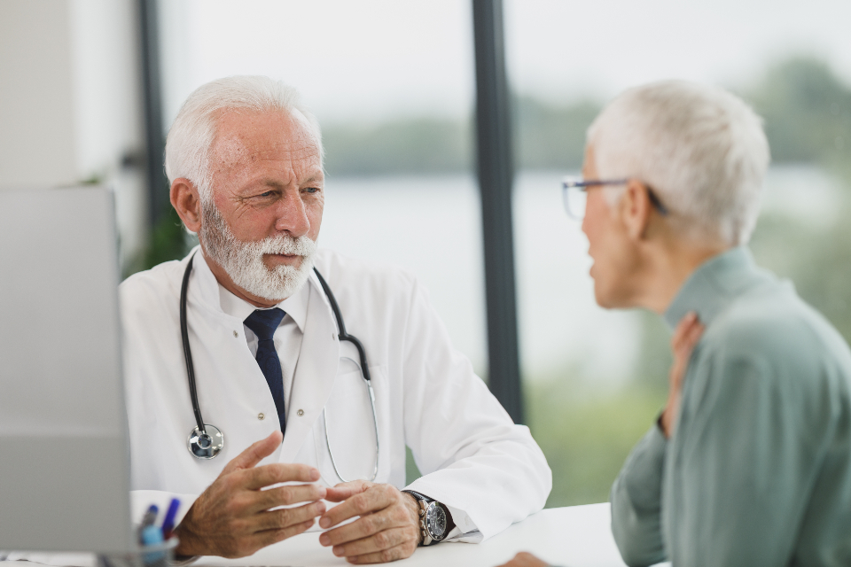 A physician and a patient talking across a desk in a bright consultation room