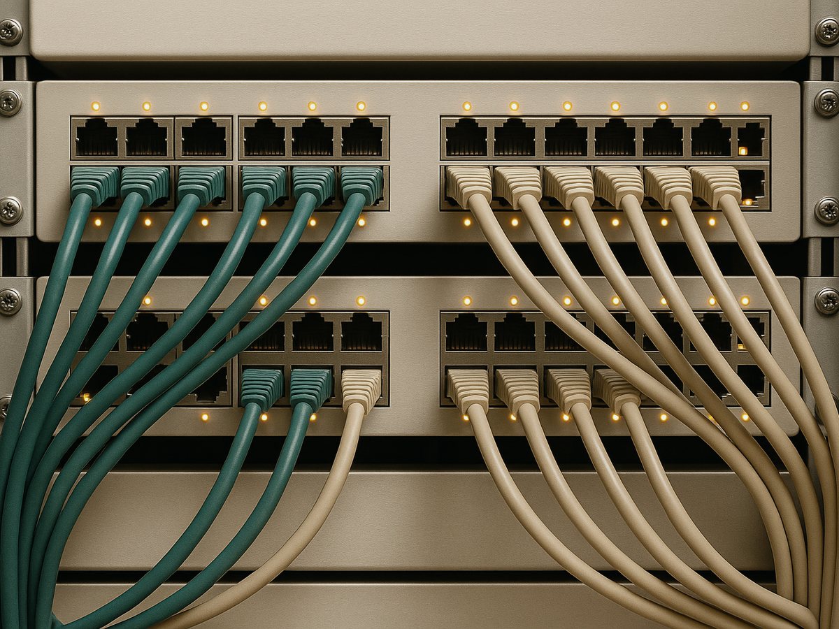 Illustration of dressed patch cabling across a rack of network hardware.