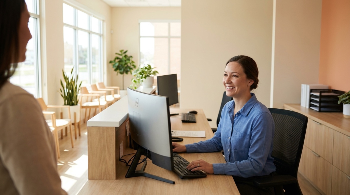 A practice receptionist at a front desk workstation, greeting a patient who is standing at the counter