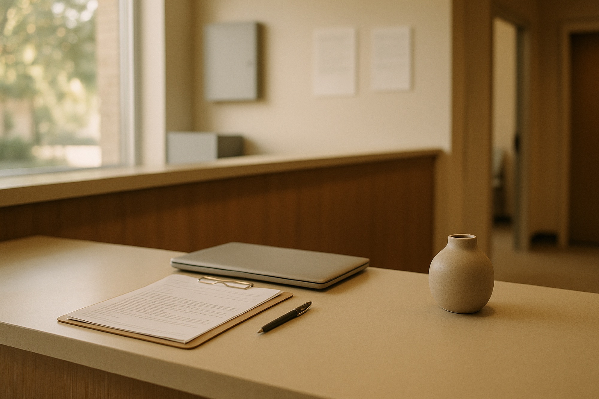 A practice reception counter in daylight, with a printed notice on a clipboard beside a closed laptop.