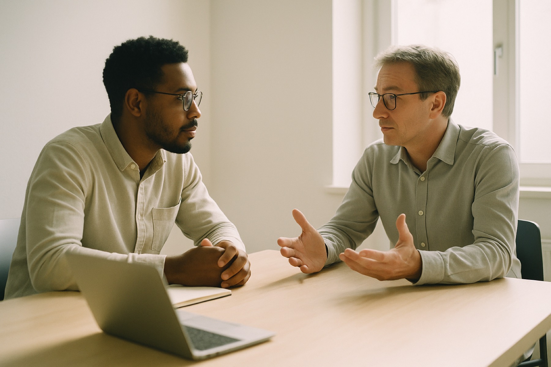 Two people in conversation across a table in a bright glass-walled meeting room.