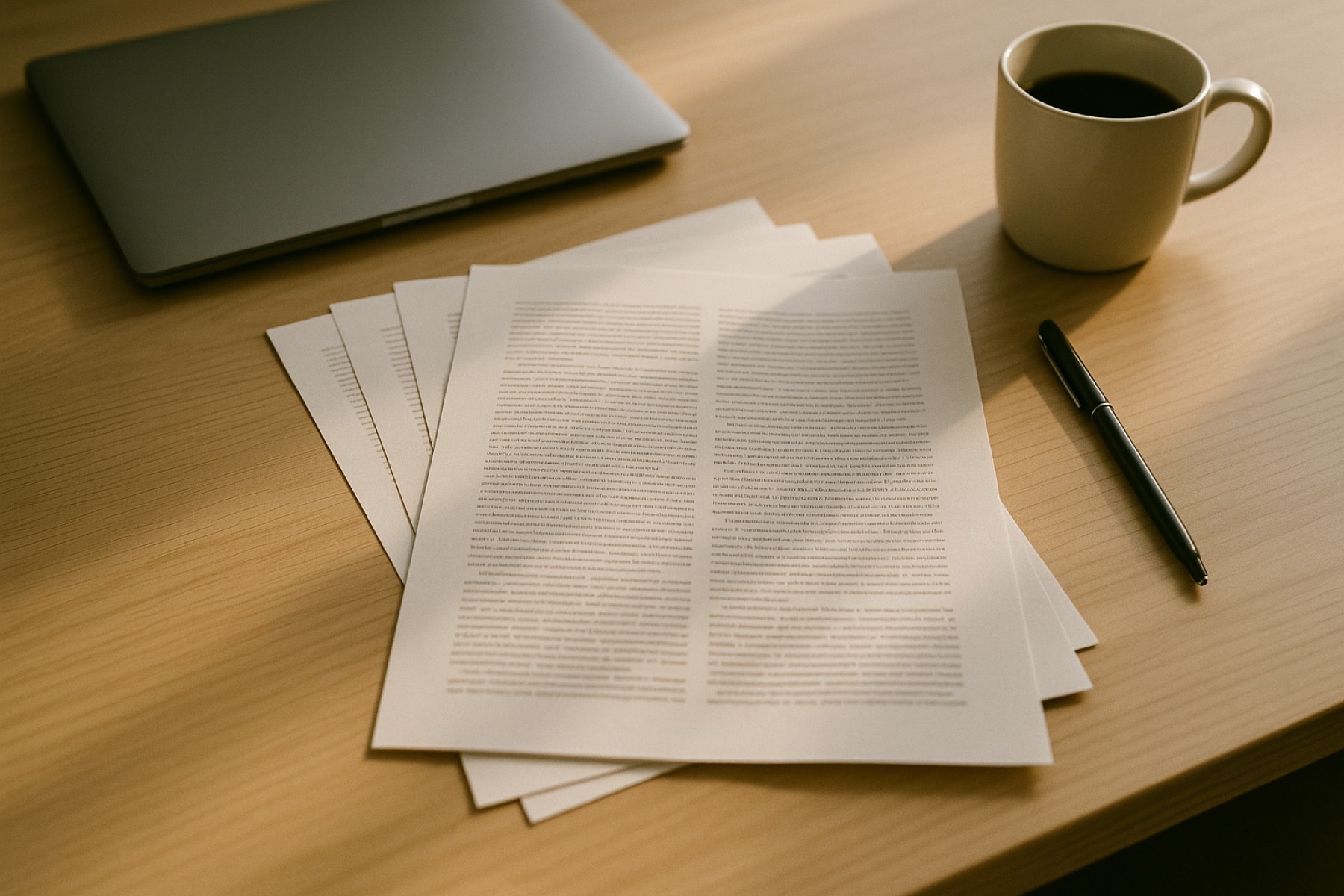 A printed report on a desk beside a closed laptop in morning light.