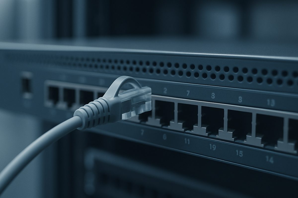 A server rack panel with a single outbound network cable, representing the relay a server-side tag container inserts between a website and an advertising platform