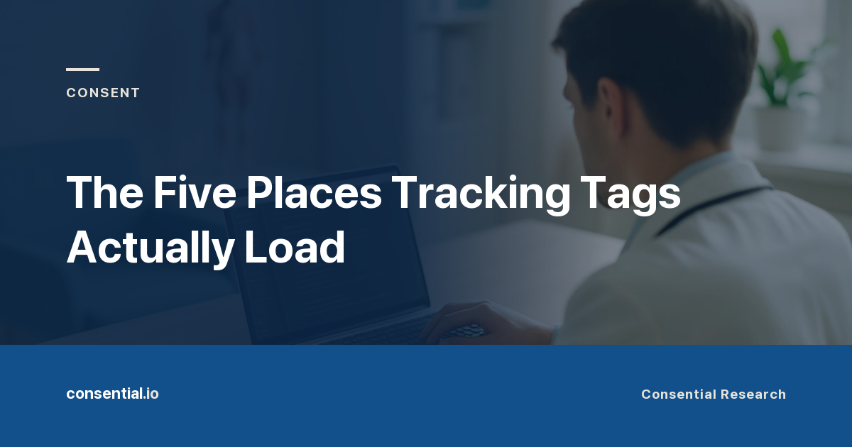 Article title card reading The Five Places Tracking Tags Actually Load, from Consential Research